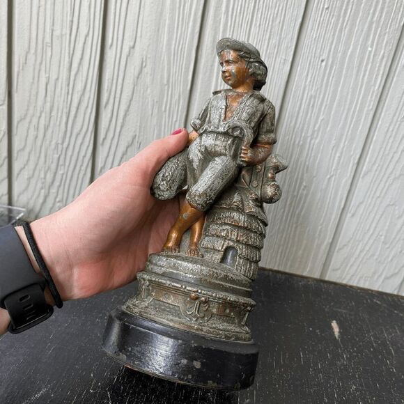 Vintage Pewter Boy with Beehive Statue Painted Folk Art Decor - Picture 10 of 11